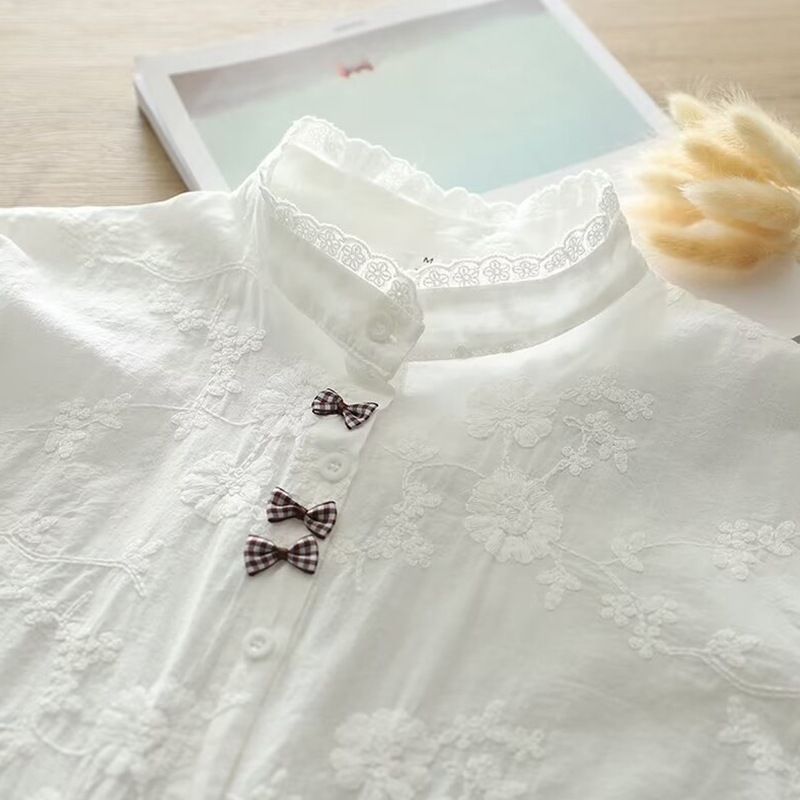Embroidery Cotton Shirt - Spring Autumn Embroidery Stereoscopic Bow Shirt