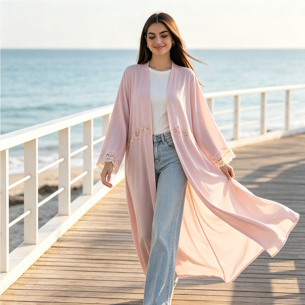 Embroidery Kebaya - Women Embroidered Open Front Dubai Abaya